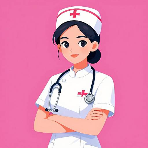 Digital illustration of an Asian female nurse with black hair, wearing a white uniform, nurse cap, and stethoscope, smiling against a pink background,