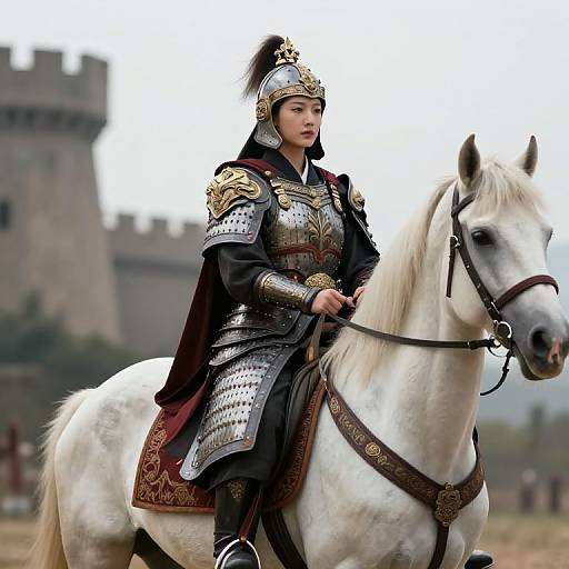 Photograph of a young Asian woman in ornate medieval armor, riding a white horse with a castle in the background.