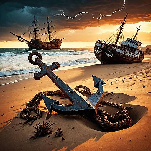 Rusty Anchor Amidst Thunderstorm and Ghost Ship