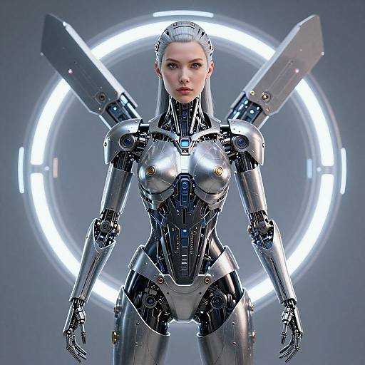 CGI image of a silver and black humanoid robot woman with sleek, metallic armor, standing in front of a glowing circular light, with wings in the