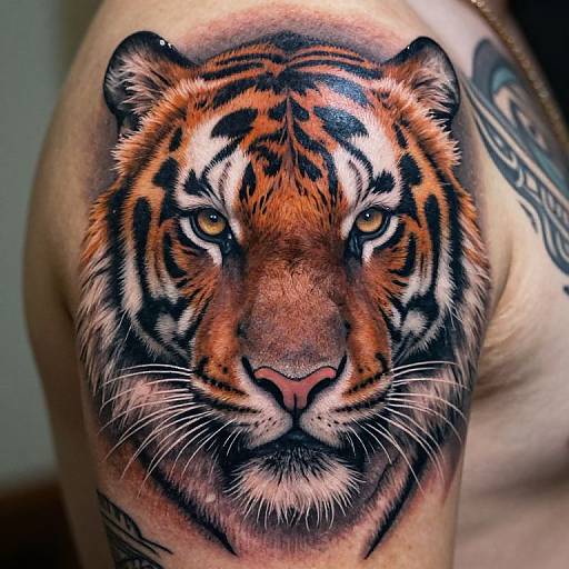 Photograph of a realistic, detailed tiger tattoo on a muscular, light-skinned man's shoulder, featuring intense orange and black stripes, piercing yellow eyes