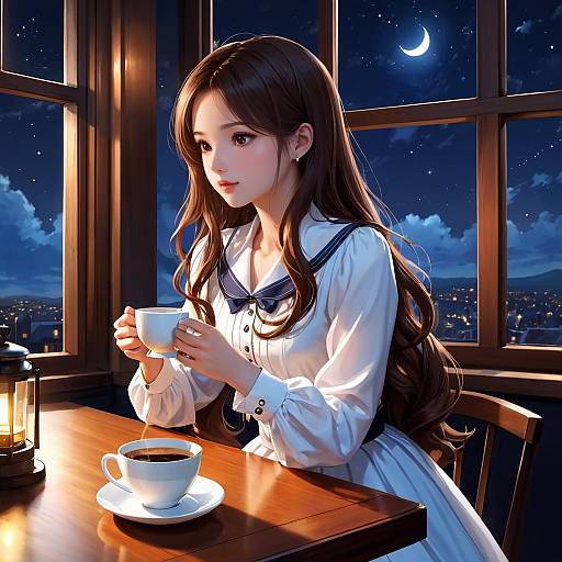 Girl Drinking Coffee by Window at Night