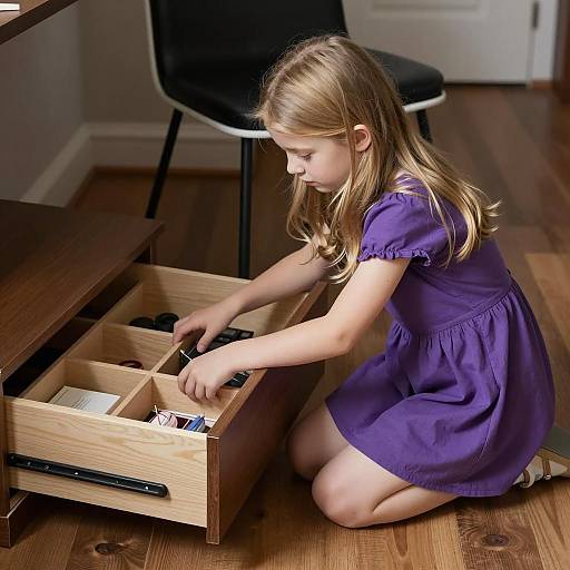 Blonde Girl Kneeling by Wooden Drawer
