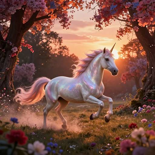 Digital art of a shimmering white unicorn galloping through a vibrant, flower-filled meadow at sunset, surrounded by pink cherry blossom trees.