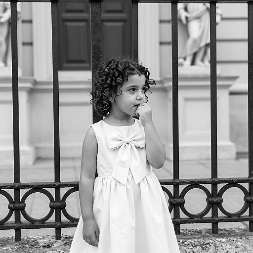 Curly Haired Girl Behind Fence in White Dress