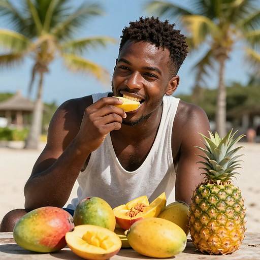 Photograph of a smiling, dark-skinned man with short curly hair, wearing a white tank top, eating mango on a tropical beach, surrounded by