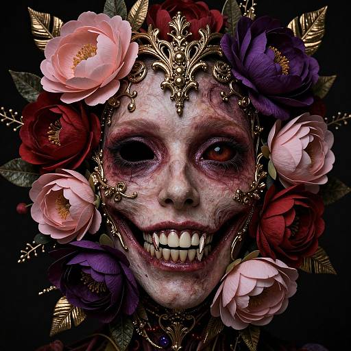 Floral Horror Face with Jagged Teeth
