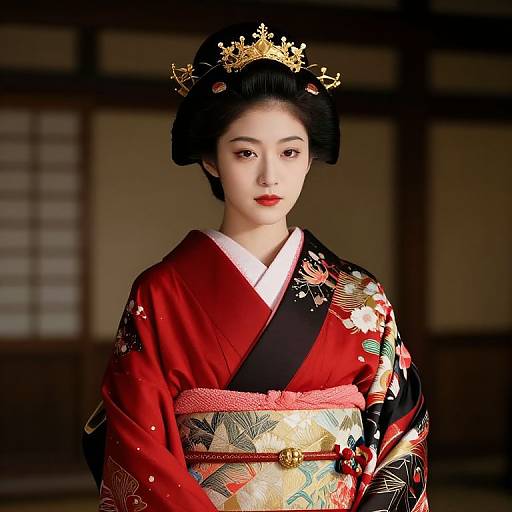 Elegant Woman in Red and Black Kimono