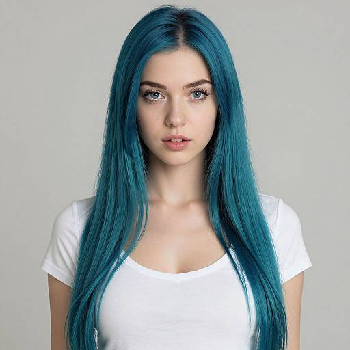 Photograph of a fair-skinned woman with long, straight, vibrant blue hair, wearing a white t-shirt, against a plain gray background.