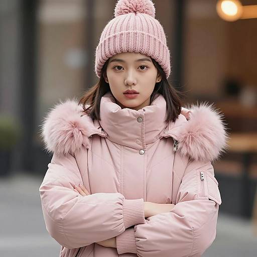 Young Woman in Pink Winter Outfit