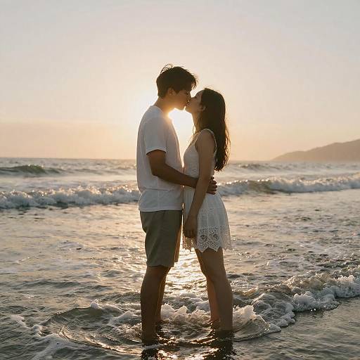 Romantic Sunset Kiss in Ocean Water