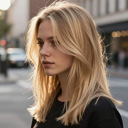 Photograph of a blonde woman with tousled hair, wearing a black top, standing on a sunlit urban street, soft light highlighting her profile.