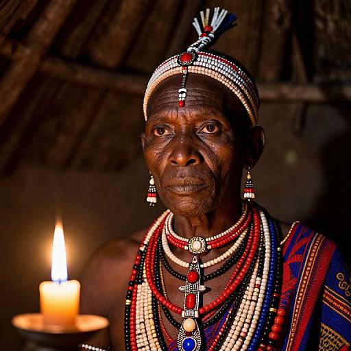 Photograph of an elderly African woman with dark skin, adorned in colorful beaded jewelry, wearing a traditional headdress, lit by a candle in a
