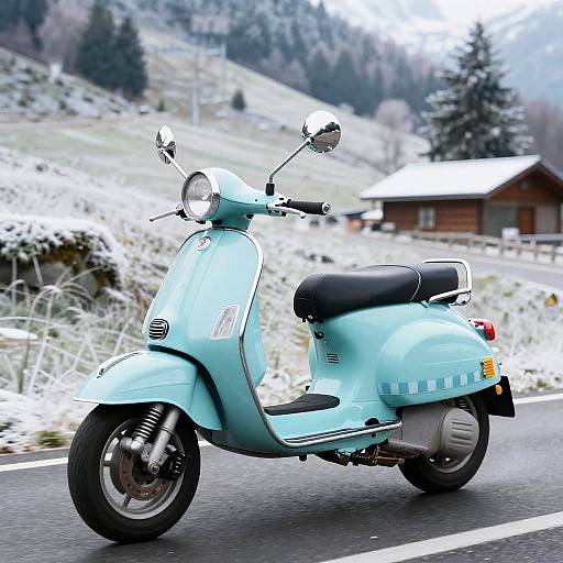 Photograph of a light blue vintage scooter with black seat, driving on a snowy mountain road, surrounded by pine trees and wooden cabins.