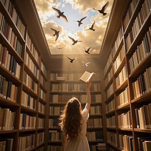 Photograph of a woman with curly brown hair, back facing, raising her arm to a bird flying away, in a sunlit library with towering book