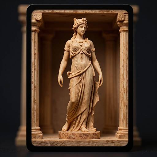Photograph of a detailed, classical marble statue of a Greco-Roman woman with a draped gown, headband, and serene expression, framed by