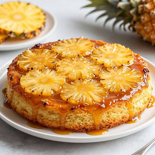 Photograph of a golden-brown, pineapple-topped, glossy caramel cake on a white plate, with a blurred pineapple in the background.