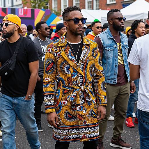 Photograph of diverse group at outdoor event; central figure in vibrant, patterned yellow coat, dark sunglasses, and dark skin, surrounded by men in