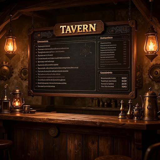 Photograph of a dimly lit, rustic tavern menu board with 