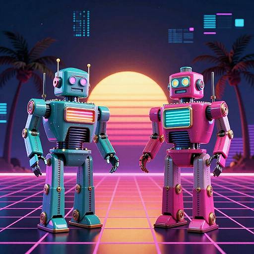 Retro 80s Synthwave Robot Sunset