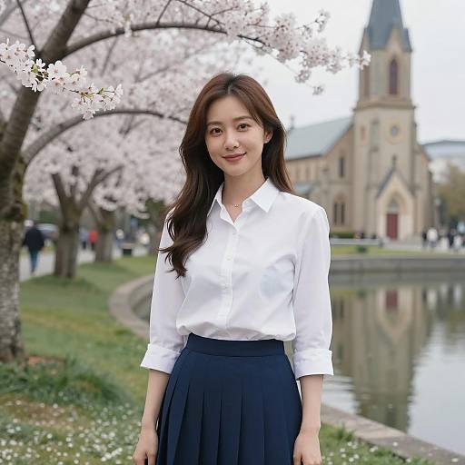 Asian Woman in White Shirt by Cherry Blossoms and Church