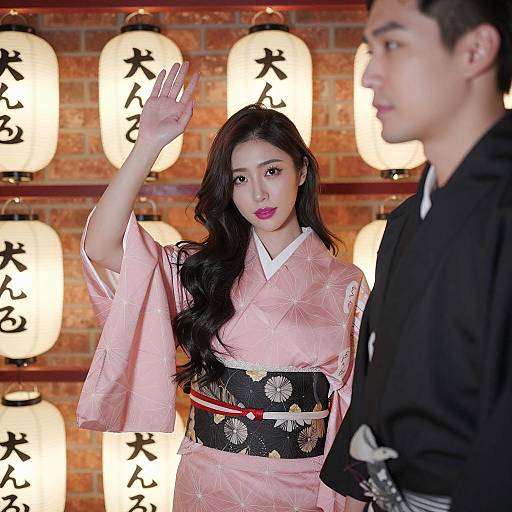 Asian Woman in Pink Kimono with Raised Hand