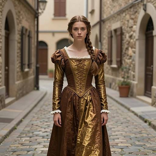 Medieval Woman in Renaissance Dress on Cobblestone Street
