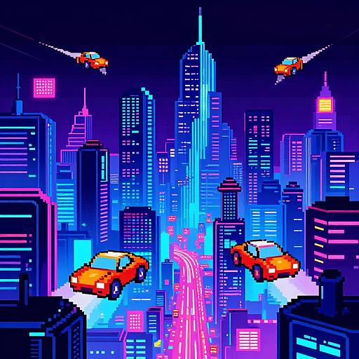 Pixel art of a neon-lit, futuristic city with flying orange taxis, surrounded by glowing skyscrapers and vibrant streetlights at night.