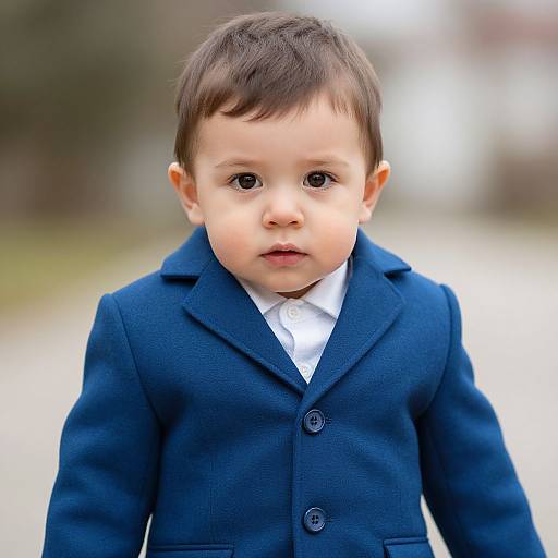 Photograph of a young boy with fair skin, dark brown hair, and large brown eyes, wearing a navy blue coat and white shirt, standing outdoors