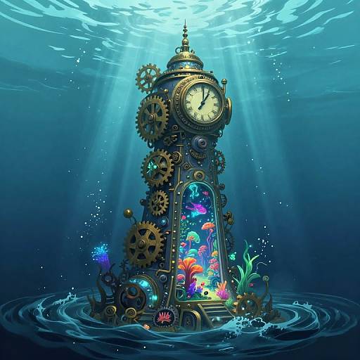 Steampunk clock tower submerged underwater, illuminated by sunlight, surrounded by colorful glowing coral, gears, and aquatic plants, with water ripples.