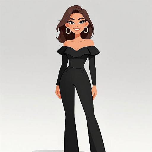 Digital illustration of a smiling woman with brown hair, wearing a black off-shoulder jumpsuit and large hoop earrings, standing against a white background.