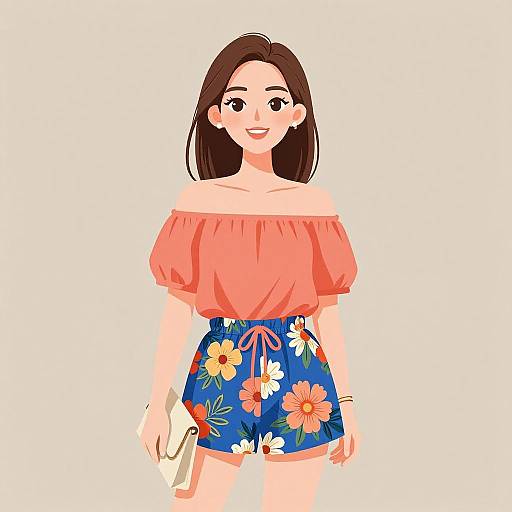 Digital illustration of a smiling woman with long brown hair, wearing an off-shoulder pink top and blue floral shorts, holding a white clutch.