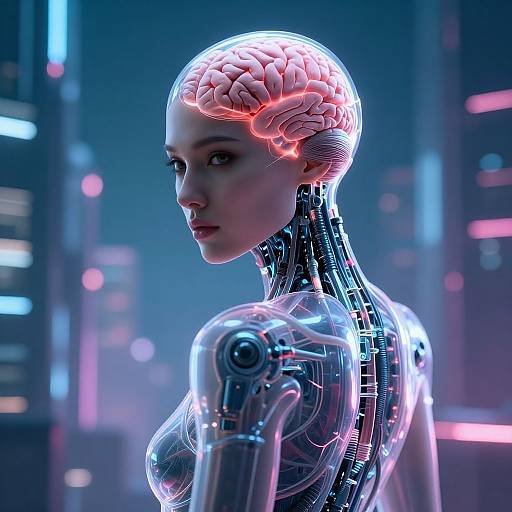 CGI image of a futuristic, cyborg woman with a glowing, transparent brain and metallic body in a neon-lit cityscape.