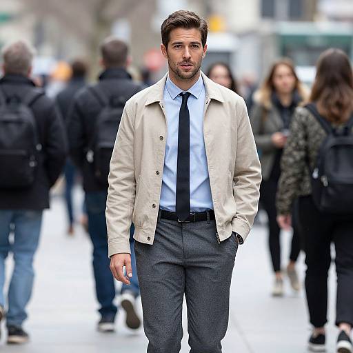 Photograph of a handsome, bearded man in a beige jacket, white shirt, black tie, and grey pants walking through a busy, blurred city