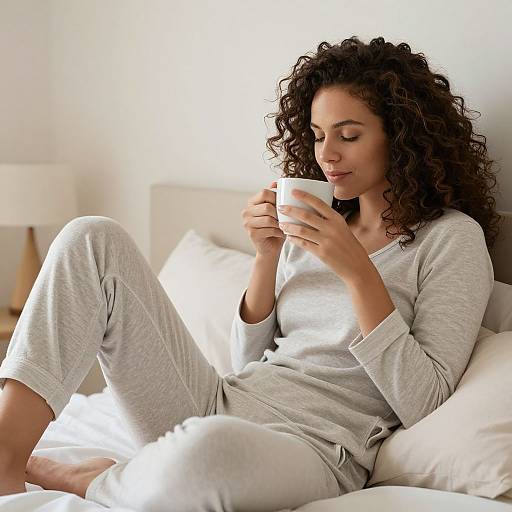Photograph of a curly-haired woman in gray pajamas, sitting on a white bed, sipping from a white mug, with soft natural light.