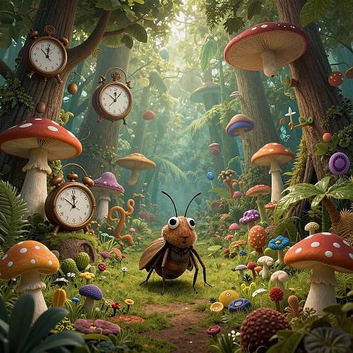 Whimsical forest scene with a large, cartoonish insect standing among oversized mushrooms, colorful fungi, and floating clocks in a sunlit, lush,