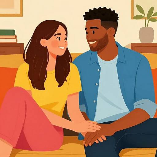 Illustration of a smiling Black man in a blue shirt and white tee, and a smiling white woman in a yellow shirt and pink pants, sitting closely