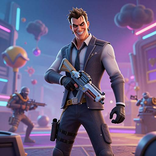 CGI image of a muscular man with dark hair, smirking, wearing a vest, gloves, and holding a futuristic gun, in a neon