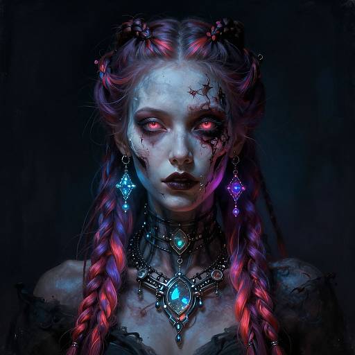Digital fantasy portrait of a pale, blue-lit woman with red and purple braided hair, glowing red eyes, dark lipstick, and intricate jewel-