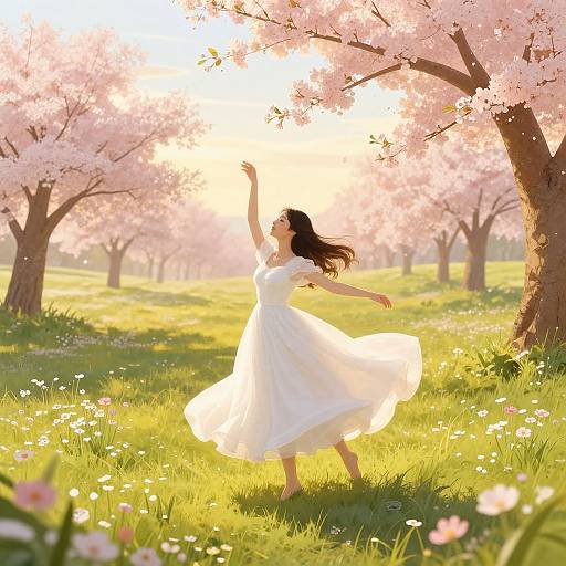 Digital illustration of a woman in a flowing white dress dancing under sunlight among pink cherry blossom trees in a sunlit meadow.