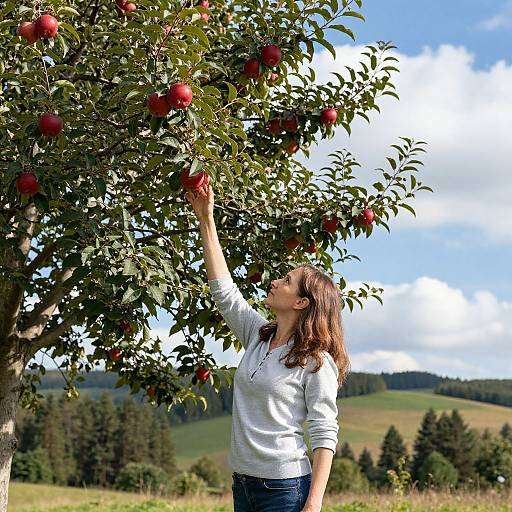 Photograph of a woman with wavy brown hair, white sweater, and blue jeans, reaching for red apples on a tree in a sunny, green