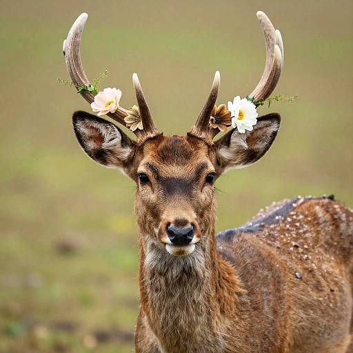 Photograph of a brown deer with white flowers in its antlers, standing in a green, blurred grassy field.