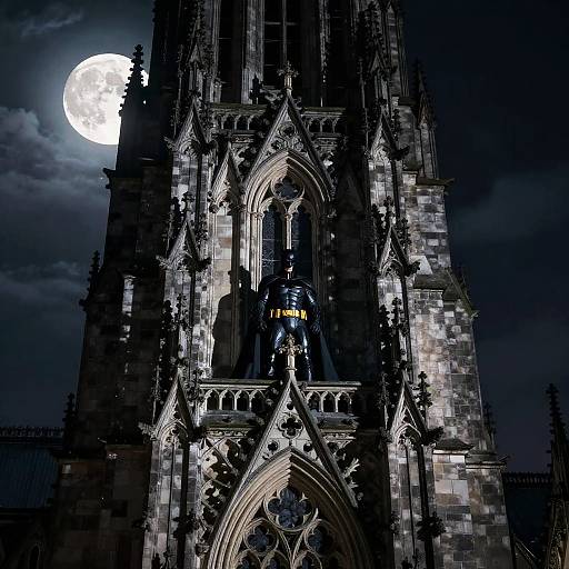 Digital artwork of a gothic cathedral tower at night, illuminated by a full moon. A dark, armored figure stands on a central arch, surrounded by