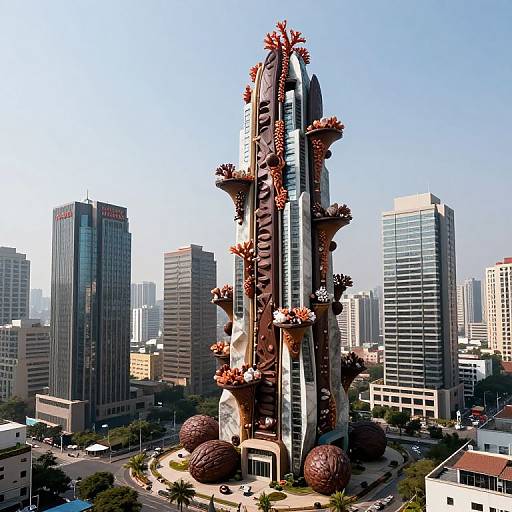 Photograph of a futuristic skyscraper with a spaceship-like design, surrounded by modern high-rise buildings in a cityscape. The structure features red, spherical