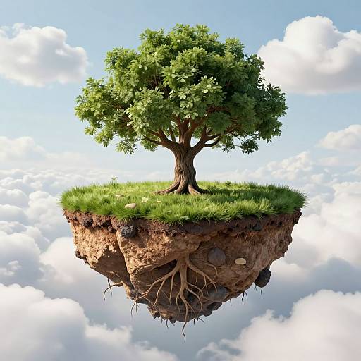Photorealistic CGI of a floating tree on a grass-covered, root-exposed soil island, against a bright blue sky with fluffy clouds.