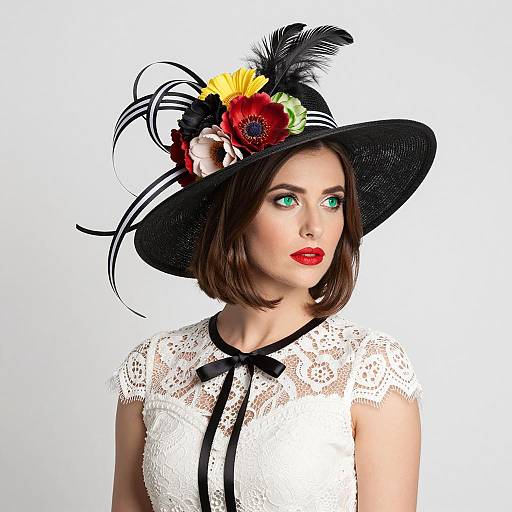 Woman in Floral Black Hat and White Lace Dress