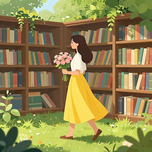 Digital illustration of a woman with long black hair, white blouse, and yellow skirt, holding pink flowers, walking past sunlit bookshelves in a