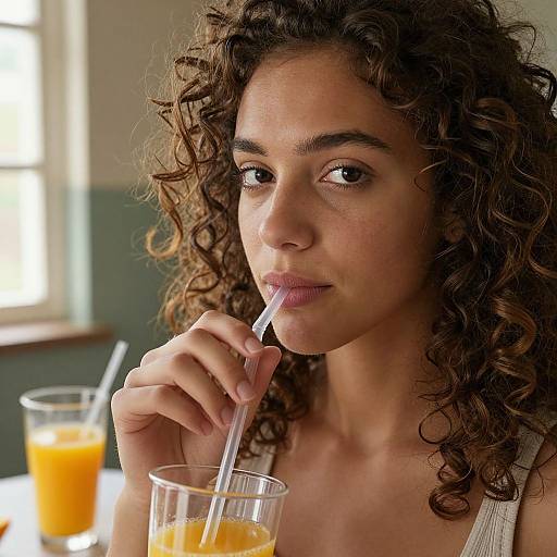 Photograph of a curly-haired woman with light brown skin, sipping an orange juice through a straw, wearing a white tank top, in a sun