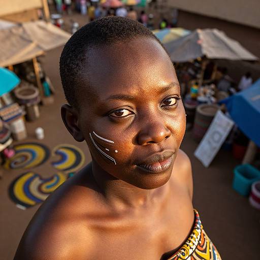 Photograph of a dark-skinned woman with short hair, white face paint stripes, and colorful patterned top, standing in a bustling outdoor market with