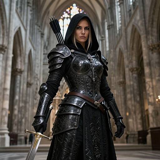 Digital art of a fierce female warrior in medieval black armor with a hood, standing in a grand Gothic cathedral, holding a sword and quiver.